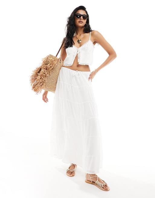 SNDYS - Jupe longue d'ensemble nouée à la taille en coton avec volants étagés - Blanc