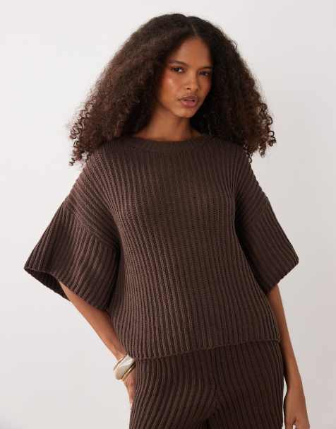 SNDYS katoenrijke gebreide omkeerbare cropped cardigan met verlaagde schouders in chocoladebruin - view 1
