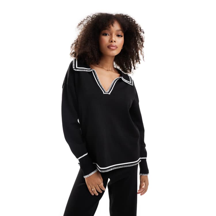 【DISCERNMENT】SS Punching Collar Knit SNDYS knit collar detail sweater in black with white stitch