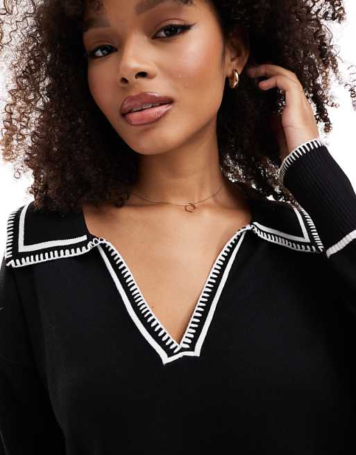 SNDYS knit collar detail sweater in black with white stitch SNDYS knit collar detail sweater in black with white stitch