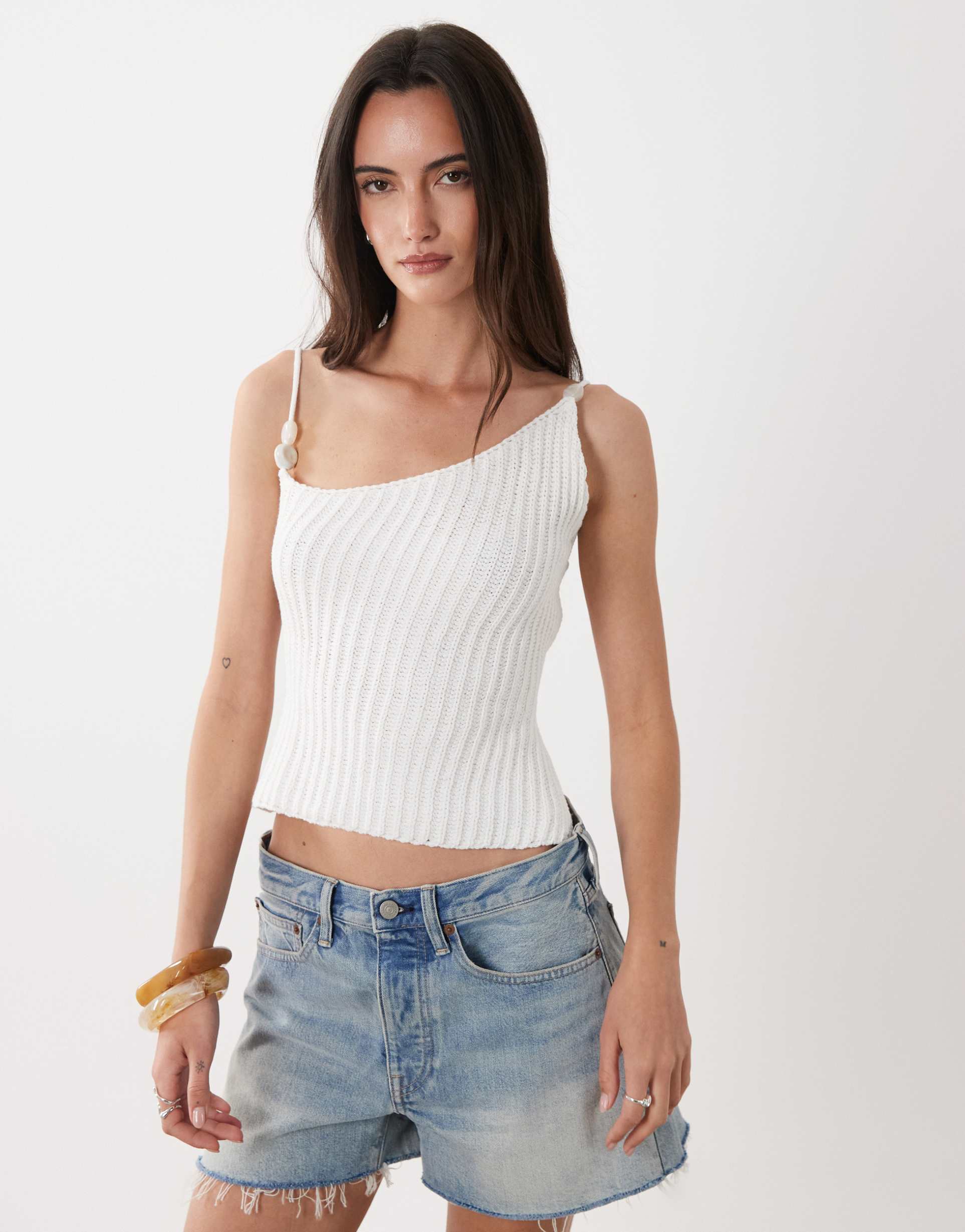 sndys knit cotton blend bead detail open tie back top in white
