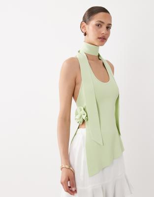 SNDYS knit halter scarf neck detail top in matcha green