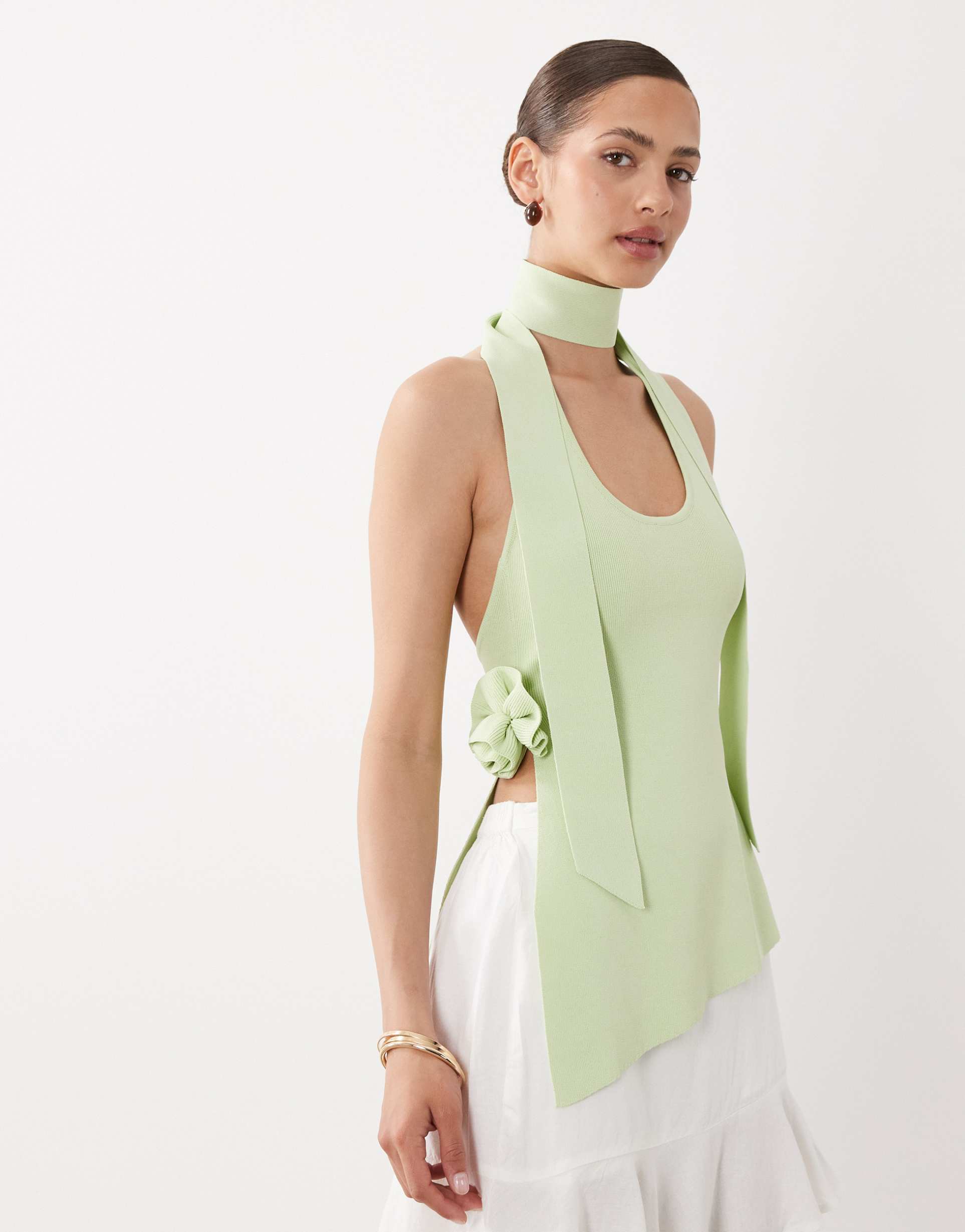 sndys knit halter scarf neck detail top in matcha green