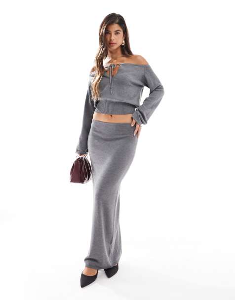 SNDYS knit low rise maxi skirt co-ord in grey - view 1