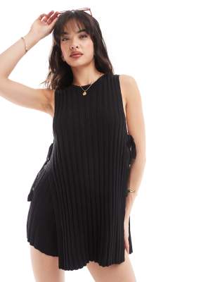 knit ribbed open tie side sleeveless top in black - part of a set