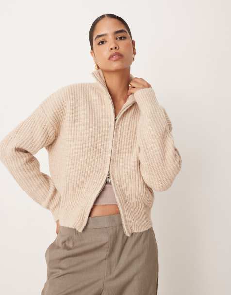SNDYS knitted funnel neck double zip jumper in beige - view 1