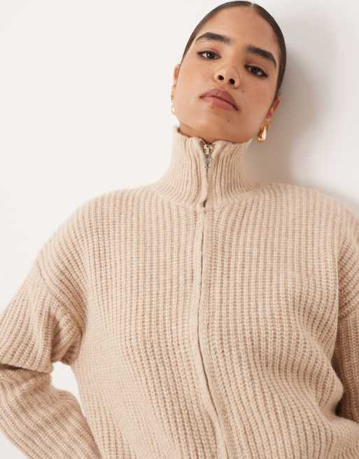 SNDYS knitted funnel neck double zip jumper in beige, 2 of 4