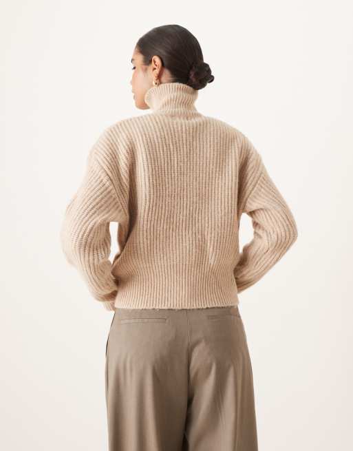 SNDYS knitted funnel neck double zip jumper in beige, 4 of 4