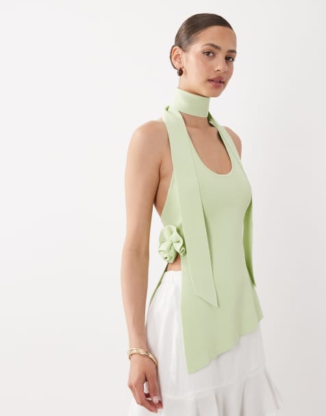 SNDYS knitted halter scarf neck detail top in matcha green - view 1