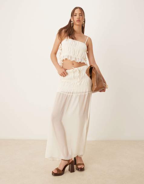 SNDYS shirred detail sheer hem maxi skirt co-ord in cream