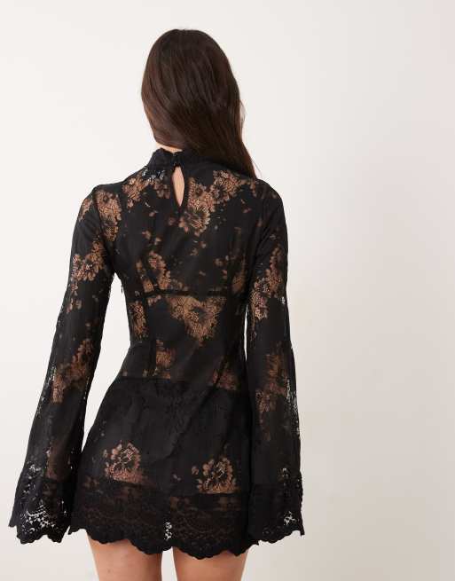 SNDYS lace high neck scallop edge wide sleeve mini dress in black, 3 of 4