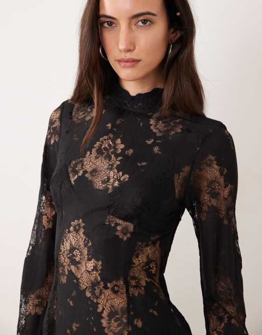SNDYS lace high neck scallop edge wide sleeve mini dress in black, 4 of 4