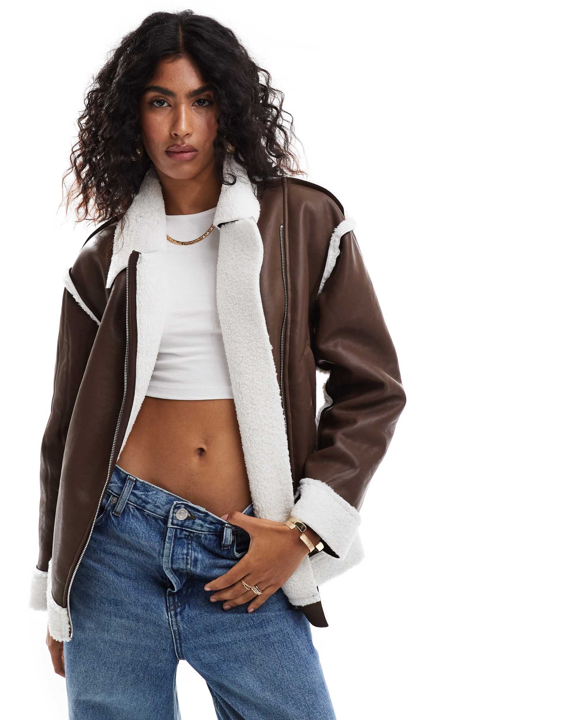 sndys leather look borg contrast aviator jacket in brown