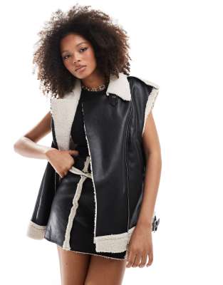 SNDYS SNDYS leather look contrast borg detail gilet co-ord in black