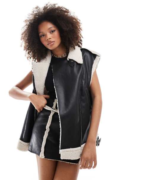 SNDYS leather look contrast borg detail gilet co-ord in black - view 1