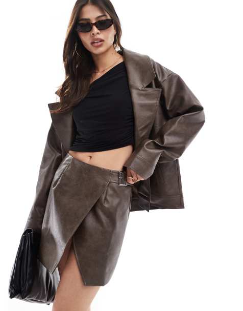 SNDYS leather look wrap buckle side mini skirt co-ord in washed brown