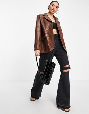 SNDYS Lennox leather look jacket in chocolate-Brown