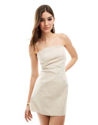 Sndys Linen Bandeau Ruched Detail Mini Dress In Stone-neutral