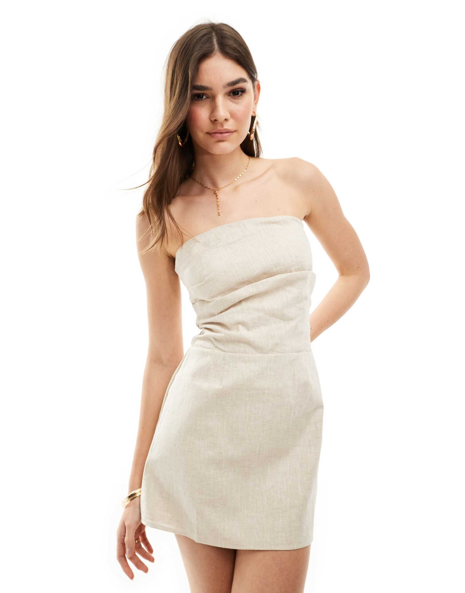 sndys linen bandeau ruched detail mini dress in stone