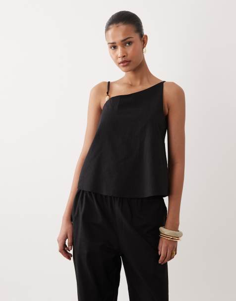SNDYS linen blend asymmetric bead detail top in black (part of a set) - view 1