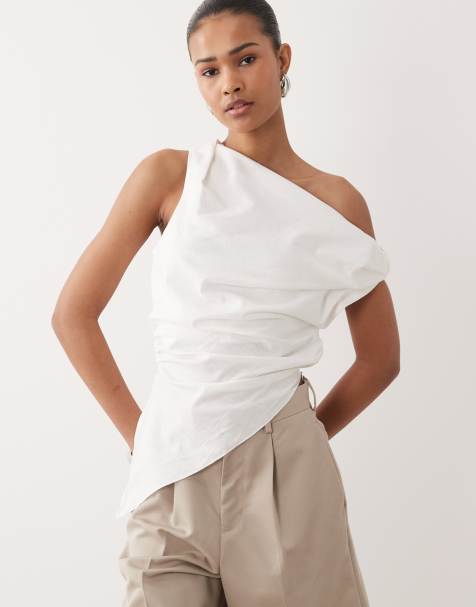 SNDYS linen blend asymmetric ruched detail top in white - view 1