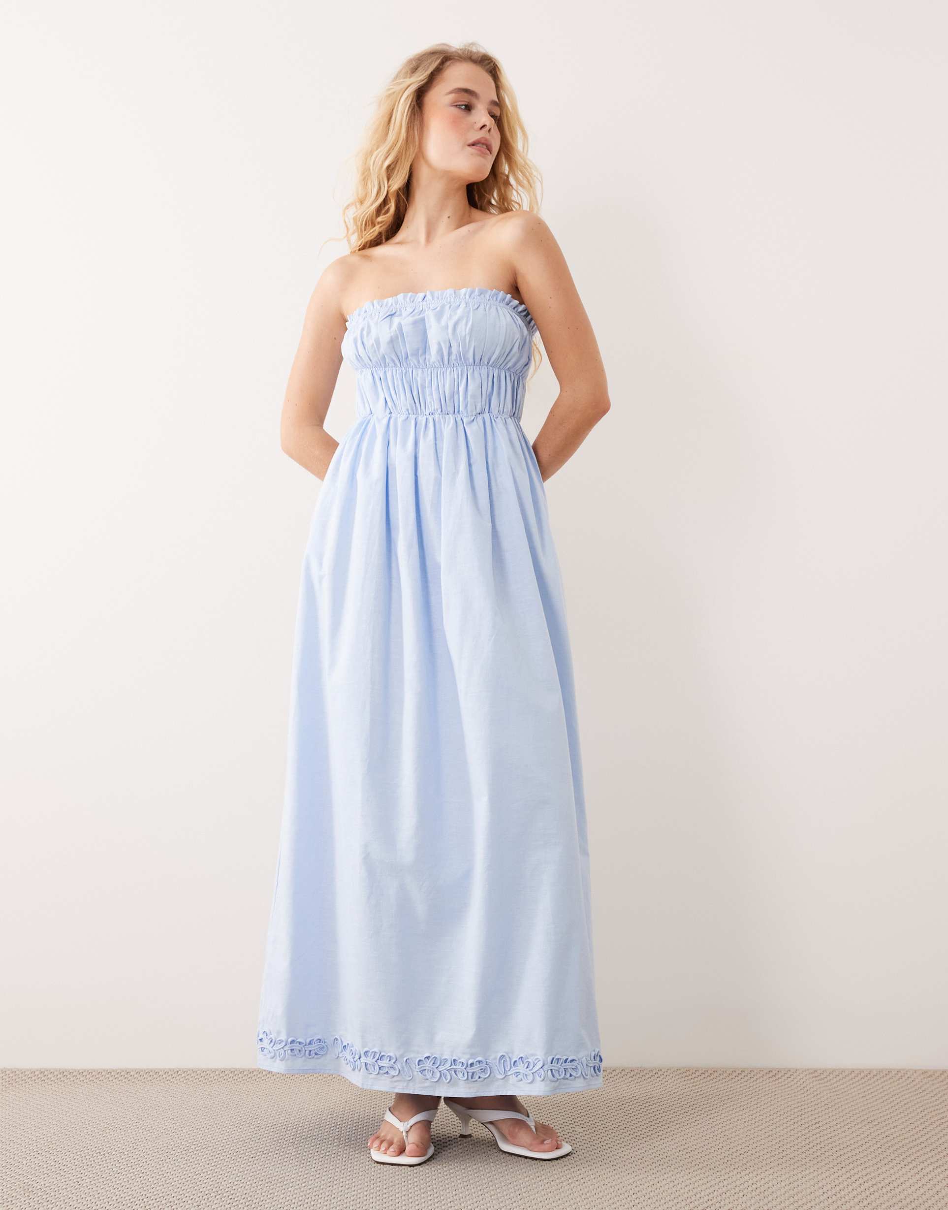 sndys linen blend bandeau shirred detail maxi dress in baby blue