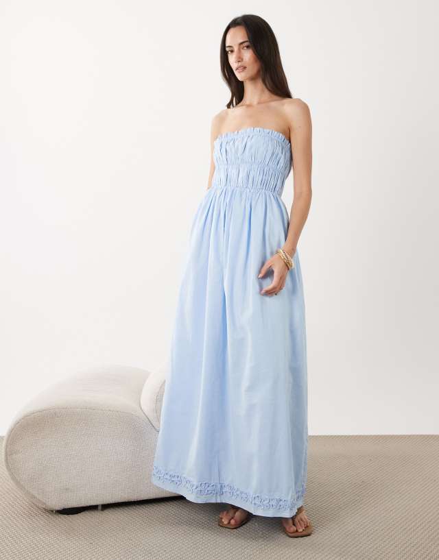 baby blue linen dress SNDYS blend bandeau shirred detail maxi in Sky Blue Chiffon Beach INV-5008657 Shoe Size (UK):14 waist 25.2