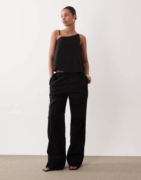 SNDYS linen blend elastic waist wide leg pants in black - part of a set - view 1