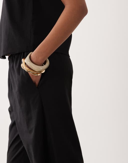 SNDYS linen blend elasticated waist wide leg trousers co-ord in black, 5 of 5