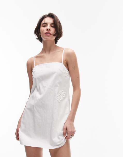SNDYS linen blend flower applique cami strap square neck mini dress in white - view 1