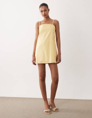 Sndys Linen Blend Flower Applique Cami Strap Square Neck Mini Dress In Yellow
