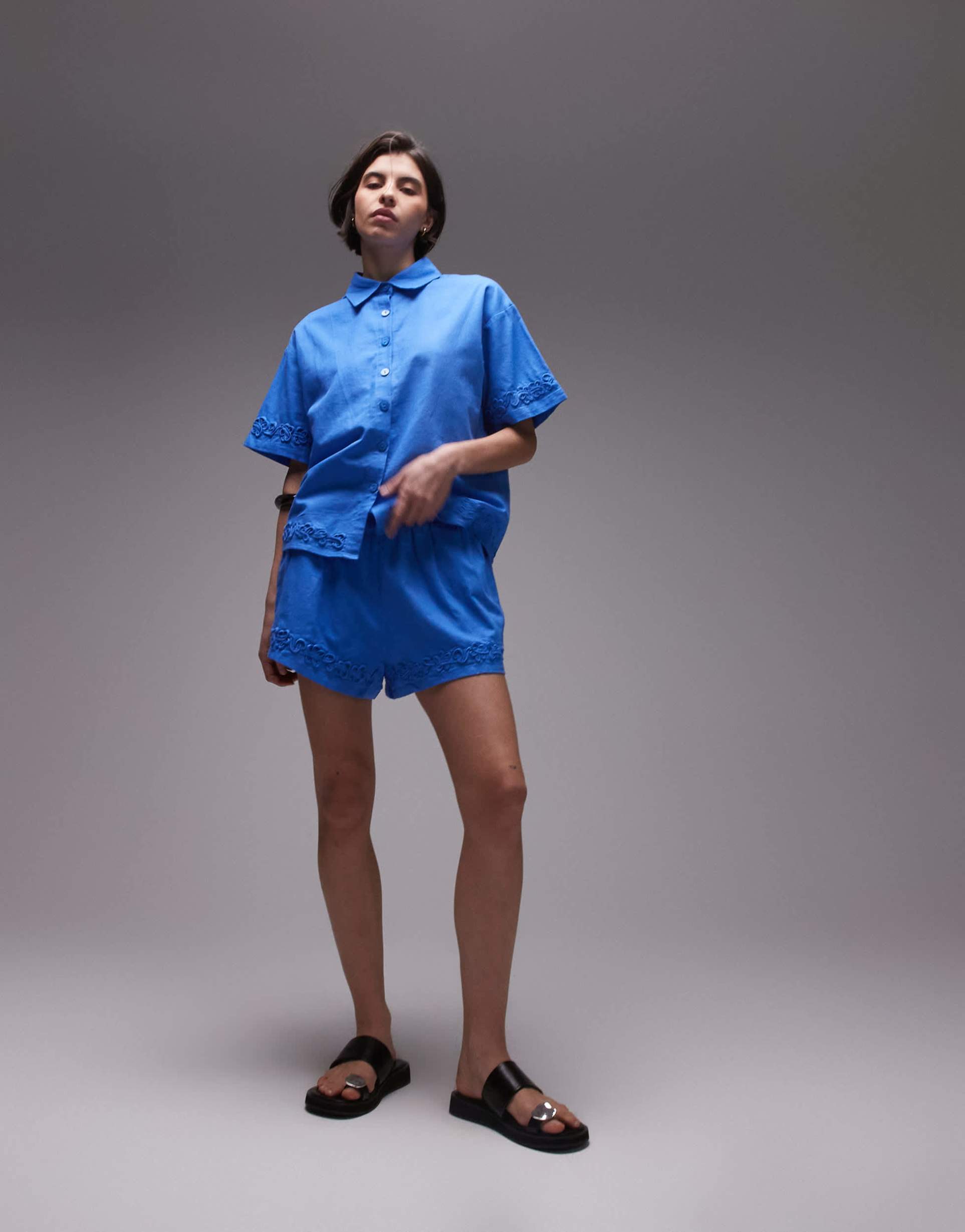 sndys linen blend flower applique detail shorts in bright blue - part of a set