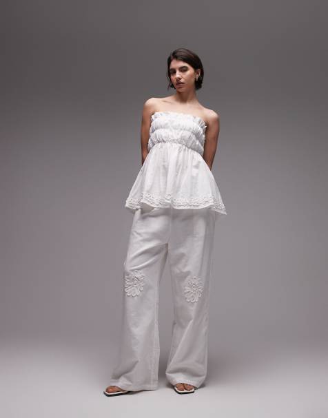 SNDYS linen blend flower applique ruched bandeau top & wide leg pants set in white - view 1