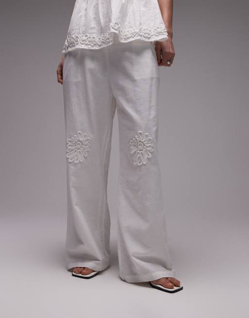SNDYS linen blend flower applique wide leg pants in white - part of a set, 5 of 5