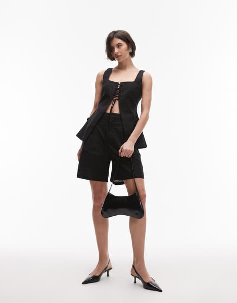 SNDYS linen blend longline shorts co-ord in black - view 1