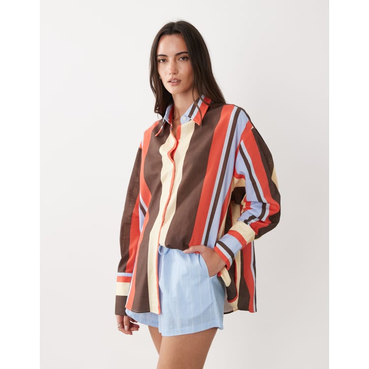 SNDYS linen blend oversized shirt co-ord in multi stripe | ASOS