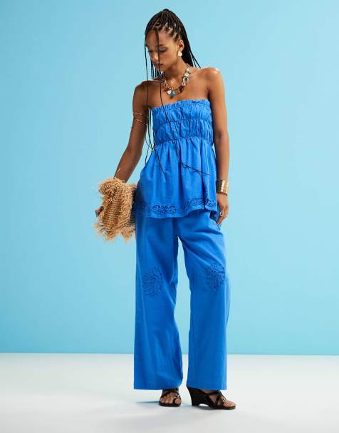 SNDYS linen blend poplin flower applique wide leg trousers in bright blue