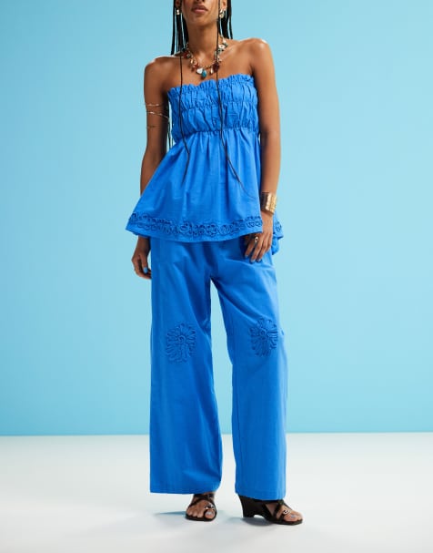 SNDYS linen blend poplin flower applique wide leg trousers in bright blue - view 1