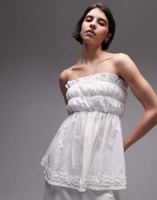 SNDYS SNDYS linen blend ruched bandeau longline flower applique top co-ord in white