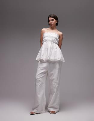 Sndys Linen Blend Ruched Bandeau Longline Flower Applique Top In White