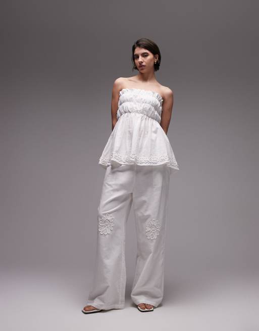 SNDYS linen blend ruched bandeau longline flower applique top in white - part of a set, 2 of 4