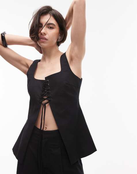 SNDYS linen blend square neck lace up split front top co-ord in black - view 1