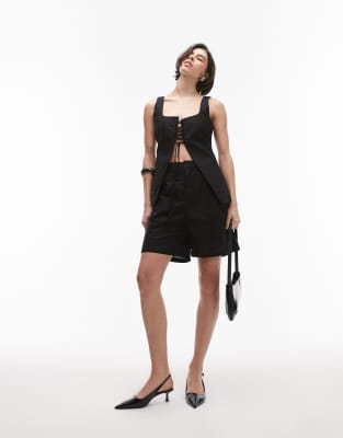 Sndys Linen Blend Square Neck Lace-up Split Front Top In Black