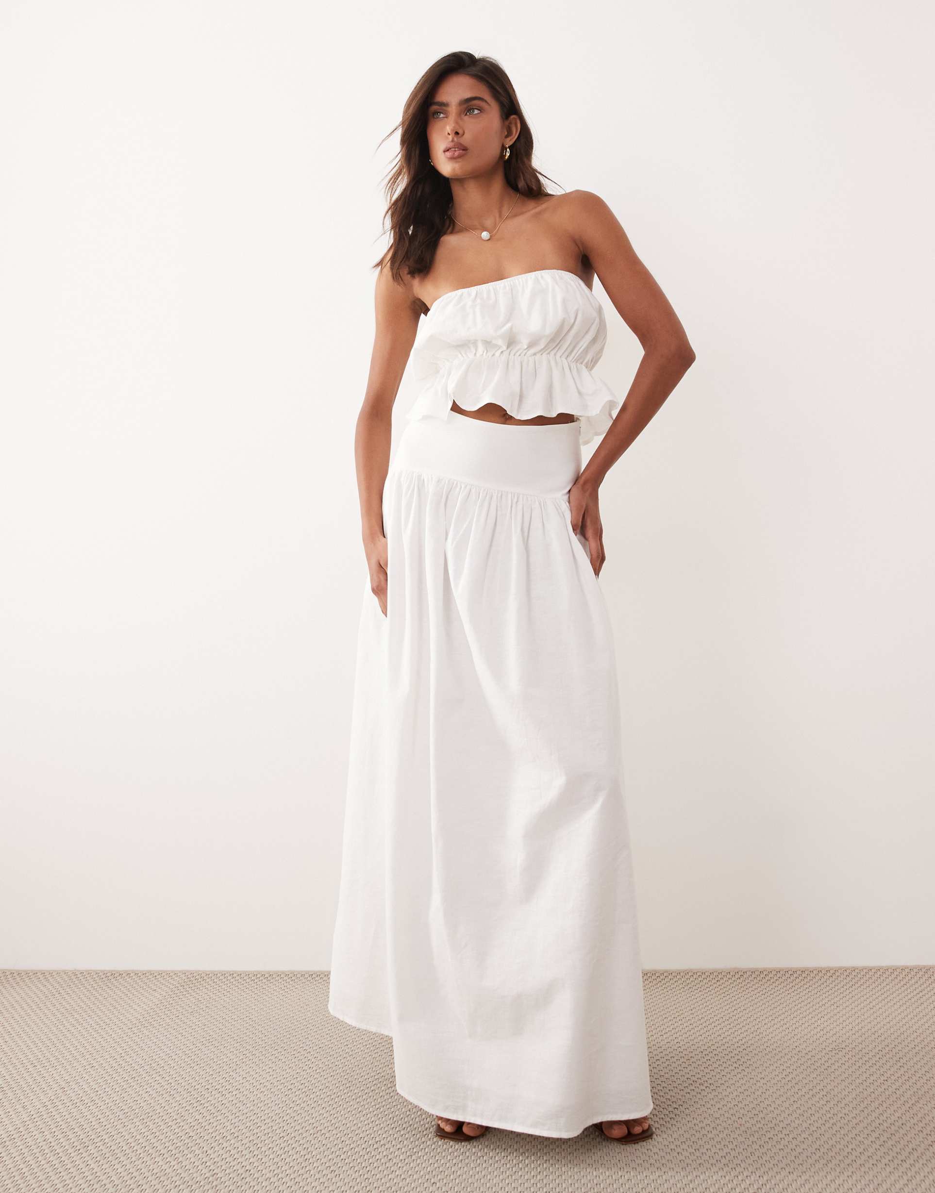 sndys linen & cotton blend dropped waist maxi skirt in white - part of a set