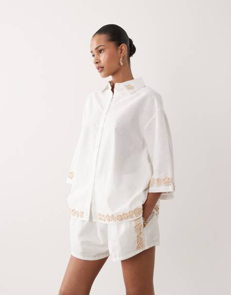 SNDYS linen & cotton blend flower applique high waisted shorts in white (part of a set) - view 1