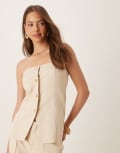 [SNDYS] SNDYS linen-look bandeau gold button split front tie back waistcoat in cream (Part of a set)-White 10 CREAM
