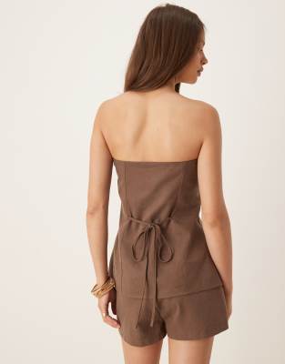 Sndys Linen Look Bandeau Gold Button Tie Back Vest In Brown