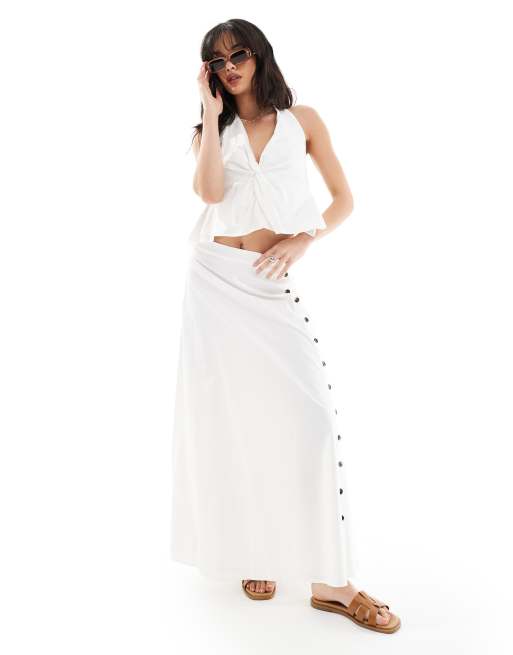 SNDYS linen look button detail thigh split maxi skirt in white (part of a set)