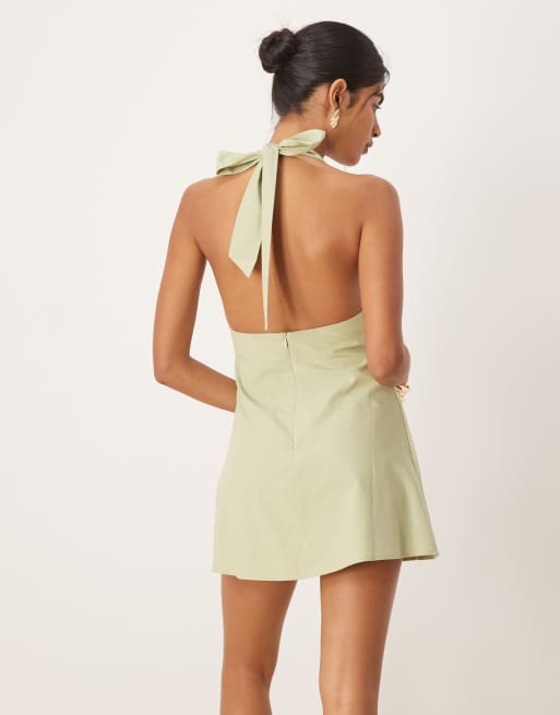 SNDYS linen look metal detail halterneck open back mini dress in olive, 4 of 4