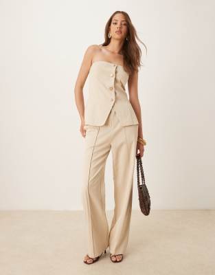 linen look seam front wide leg pants in cream - part of a set-White